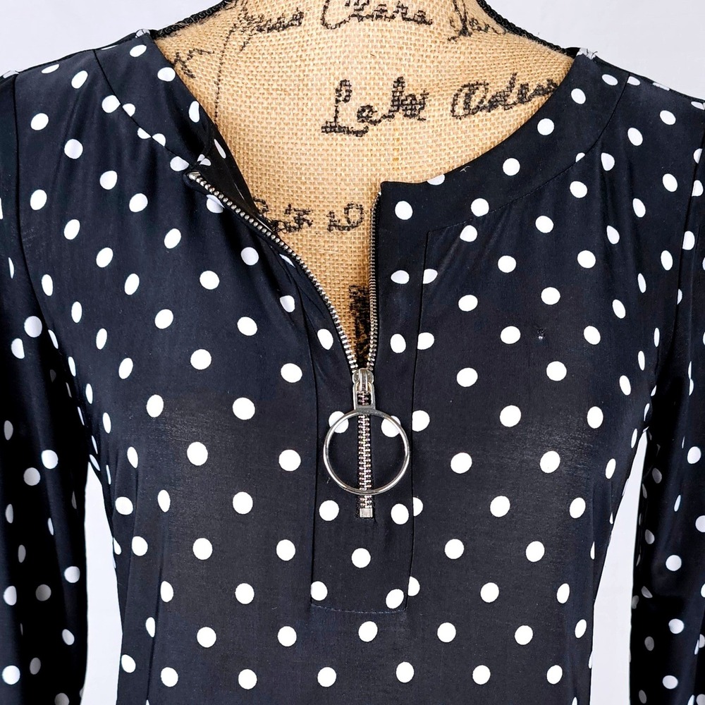 MSK Petite Black White Polka Dot Zipper Neck 3/4 Sleeve Dress SP - Picture 8 of 11